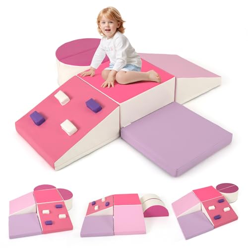 COSTWAY 6 TLG. Schamstoff Bausteine Kinder, Softbausteine mit Kletterfelsen zum Klettern & Krabbeln, Riesenbausteine aus Schaumstoff, Großbausteine Kletterblöcke für Innenbereich (Rosa) von COSTWAY