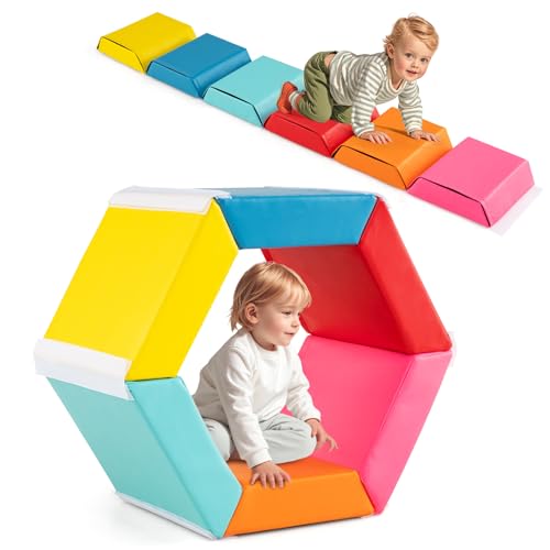 COSTWAY 6 TLG. Schaumstoff Bausteine Kinder, Bällebad sechseckig mit abnehmbaren PU-Bezügen & Klettverschlüssen, 3 in 1 Softbausteine zum Klettern, Riesenbausteine Großbausteine XXL für Kinderzimmer von COSTWAY