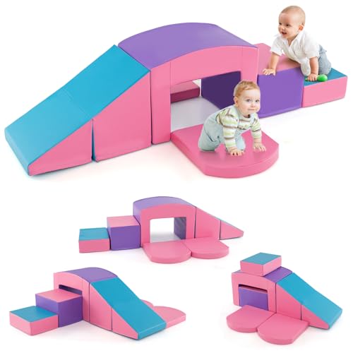 COSTWAY 6 TLG. Schaumstoffbausteine, Softbausteine mit Tunne, Treppe & Rampe, Riesenbausteine zum Klettern & Toben, Großbausteine aus Schaumstoff, Kletterblöcke Indoor für Kinder (Lila+Rosa) von COSTWAY