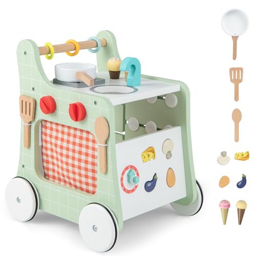 COSTWAY 6 in 1 Lauflernwagen aus Holz, Lauflernhilfe mit Spielküche, Lernuhr, Formanpassung & beweglichem Schieber, Kinderküche Baby Walker mit Rädern für Kinder ab 1 Jahr (Grün) von COSTWAY