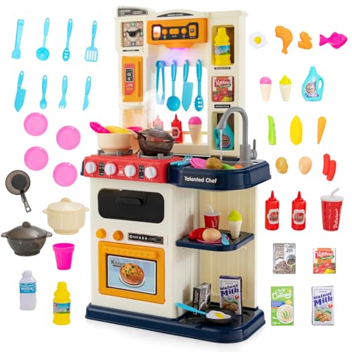 COSTWAY 65 TLG. Kinderküche mit Lichter, Musik und Sound, Spielküche inkl. Zubehör, Kinderspielküche mit Wasserpumpe, Spielzeugküche für Kleinkinder ab 3 Jahre (Blau) von COSTWAY