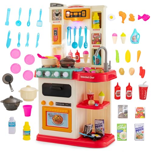 COSTWAY 65 TLG. Kinderküche mit Lichter, Musik und Sound, Spielküche inkl. Zubehör, Kinderspielküche mit Wasserpumpe, Spielzeugküche für Kleinkinder ab 3 Jahre (Rosa) von COSTWAY