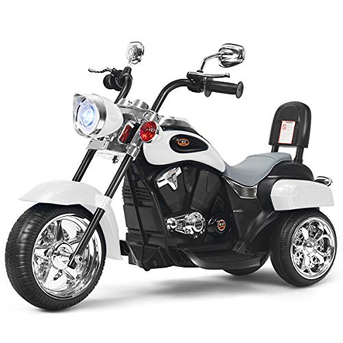 COSTWAY 6V Elektro Motorrad Kinder mit verstellbaren Scheinwerfer, Dreirad Elektromotorrad mit Sound ｜ Hupe ｜ Rückspiegel ｜ Pedale, Geschwindigkeit 2,5-3 km/h (Weiß) von COSTWAY