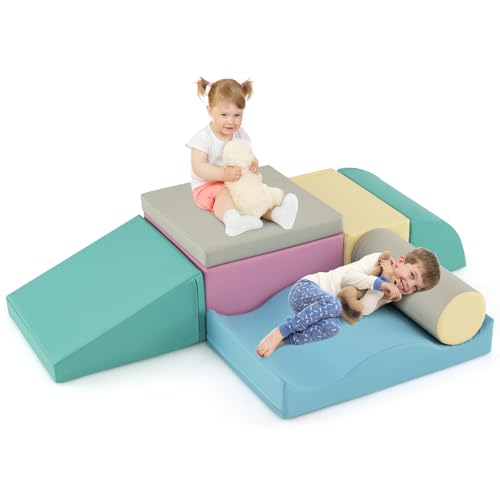 COSTWAY 7 TLG. Schaumstoffbausteine, Softbausteine zum Toben und Klettern, Riesenbausteine aus Schaumstoff, Großbausteine Mehrfarbig, Bauklötze für Babys & Kleinkinder (Blau) von COSTWAY