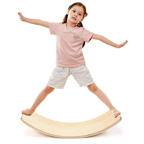 COSTWAY 90 x 30cm Balance Board, Balancierbrett aus Holz, Wackelbrett bis 220kg belastbar, Kurviges Board für Kinder und Erwachsene von COSTWAY