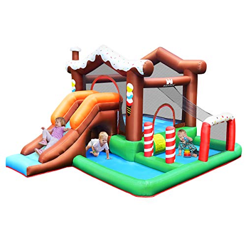 COSTWAY Aufblasbare Hüpfburg Springburg mit Wasserbecken, Rutsche, Kletterwand, Basketballkorb, Hüpfschloss Spielburg für Kinder 380x330x220cm von COSTWAY