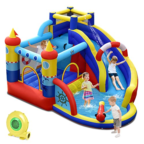 COSTWAY Aufblasbare Hüpfburg mit 550W Gebläse, 6-in-1 Wasserpark mit Rutsche, Planschbecken & Wasserkanone, Outdoor Bouncer Hüpfschloss Springburg für Kinder, Garten, 360 x 290 x 200 cm von COSTWAY
