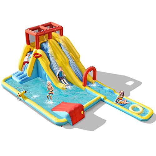 COSTWAY Hüpfburg mit Wasserrutsche, Kletterwand, Basketballkorb, Wasserpistole, Wasserpark für draußen, inkl. aufblasbarem Basketball, Schwimmringen, Tragetasche und Reparaturset von COSTWAY