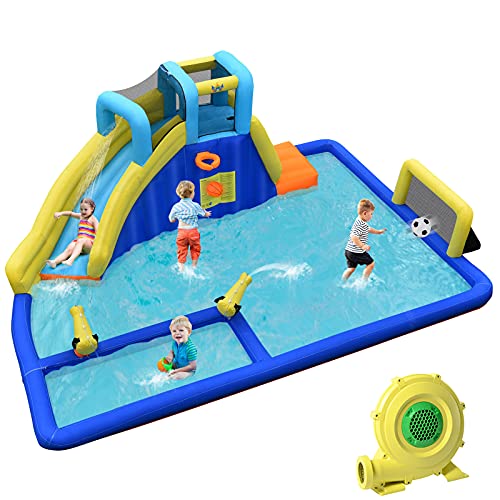 COSTWAY Aufblasbare Hüpfburg mit Wasserrutsche, Wasserspielcenter Springburg Wasserpark Spielplatz 525x373x205cm (mit Gebläse) von COSTWAY