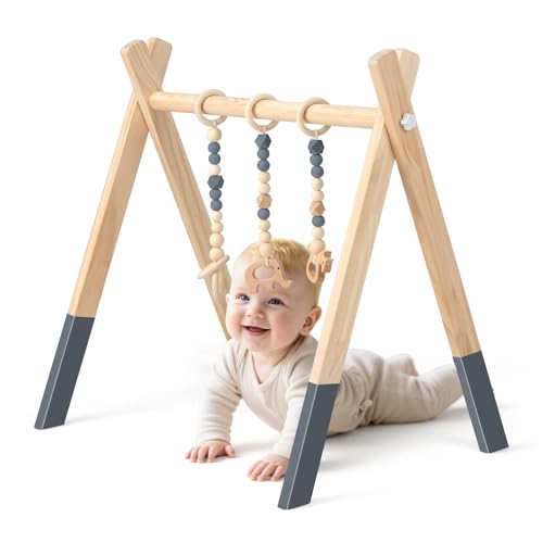 COSTWAY Baby Spielbogen Holz, Spieltrapez klappbar, Baby Gym mit 3 abnehmbaren Kinderspielzeugen, Spieltrapez für Babys über 3 Monate, Holzspielzeug zur Gehirnentwicklung (Grau) von COSTWAY