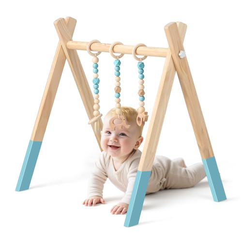 COSTWAY Baby Spielbogen Holz, Spieltrapez klappbar, Baby Gym mit 3 abnehmbaren Kinderspielzeugen, Spieltrapez für Babys über 3 Monate, Holzspielzeug zur Gehirnentwicklung (Grün) von COSTWAY