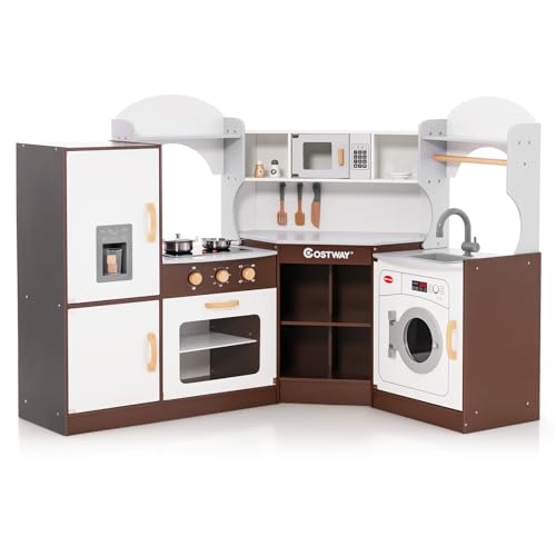 COSTWAY Eck Spielküche, Kinderküche mit Licht & Sound, Kinderspielküche mit Spüle, Eismaschine, Backofen, Kochgeschirr, Holzküche Spielzeugküche für Kinder ab 3 Jahren (Braun) von COSTWAY