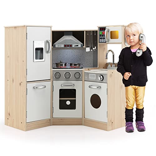 COSTWAY Kinderküche mit zubehör, Spielküche Holz mit Licht & Sound, Eckküche Kinder inkl. Spüle Ofen Mikrowelle Kochherd, Spielzeugküche für Kinder ab 3 Jahren von COSTWAY