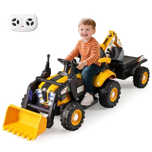 COSTWAY Elektro Traktor mit Anhänger & Schaufel, 12V Aufsitztraktor mit Fernbedienung, Sitzbagger mit LED Lichtern & Musik, Kinderbagger Elektrisch, Elektrotraktor für Kinder ab 3 Jahren (Gelb) von COSTWAY