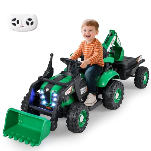 COSTWAY Elektro Traktor mit Anhänger & Schaufel, 12V Aufsitztraktor mit Fernbedienung, Sitzbagger mit LED Lichtern & Musik, Kinderbagger Elektrisch, Elektrotraktor für Kinder ab 3 Jahren (Grün) von COSTWAY