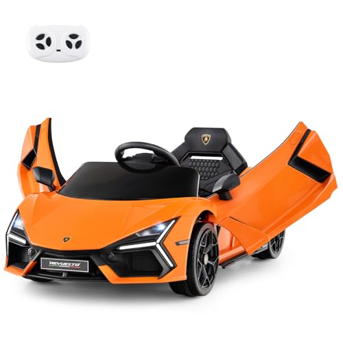 COSTWAY Elektroauto für Kinder, Lamborghini Revuelto, 12V Elektro Kinderauto mit LED Scheinwerfer & Hupe & Musik, 3-5 km/h, Elektrofahrzeug für Kinder ab 3 Jahren, inkl. Fernbedienung (Orange) von COSTWAY