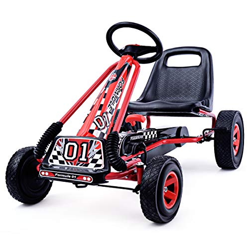 COSTWAY Gokart mit Handbremse und verstellbarem Sitz, Tretauto mit Vor- und Rückwärtsgang, Go Cart für Kinder ab 3 Jahren, Pedal Gokart Tretfahrzeug Pedalfahrzeug Kinderfahrzeug 98x59x61cm (rot) von COSTWAY