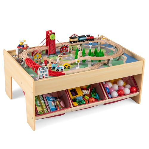 COSTWAY Holzeisenbahn Set mit Tisch, 94-teiliges Eisenbahn-Set mit 2 wendbaren Tischplatten, 3 Stoffschubladen, 2 in 1 Spieltisch mit Zubehör aus Holz, Aktivitätstisch für Kinder ab 3 Jahren von COSTWAY