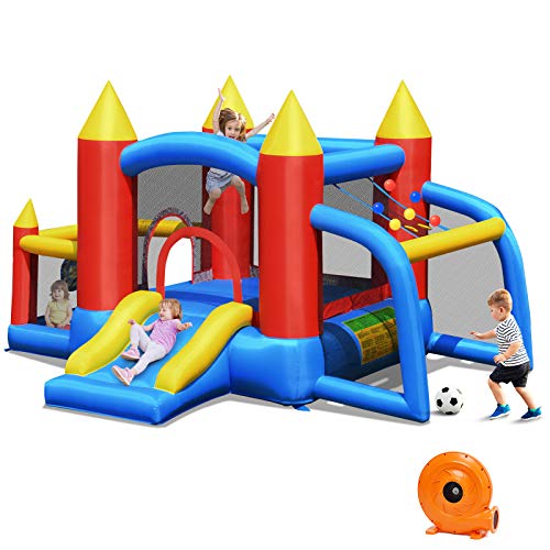 COSTWAY Hüpfburg + 450W Gebläse Springburg Hüpfschloss Outdoor Bouncer mit Rutsche, 60 Ozeanbälle, Fußballtor, 2 Dartpfeile, Tragetasche, Pfähle, Reparaturpaket 350x275x196cm von COSTWAY