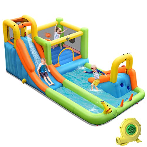 COSTWAY Hüpfburg mit 680W Gebläse, Wasserrutsche, Kletterwand, Basketballkorb, Ringwurfspiel, Wasserpark für draußen, inkl. aufblasbarem Basketball, Tragetasche & Reparaturset COSTWAY Hüpfburg mit 680W Gebläse, Wasserrutsche, Kletterwand, Basketballkorb, Ringwurfspiel, Wasserpark für draußen, inkl. aufblasbarem Basketball, Tragetasche & Reparaturset von COSTWAY