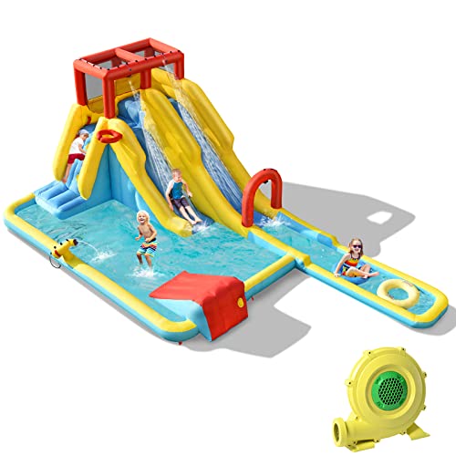 COSTWAY Hüpfburg mit 680W Gebläse, Wasserrutsche, Kletterwand, Basketballkorb, Wasserpistole, Wasserpark für draußen, inkl. aufblasbarem Basketball, Schwimmringen, Tragetasche & Reparaturset COSTWAY Hüpfburg mit 680W Gebläse, Wasserrutsche, Kletterwand, Basketballkorb, Wasserpistole, Wasserpark für draußen, inkl. aufblasbarem Basketball, Schwimmringen, Tragetasche & Reparaturset von COSTWAY