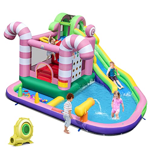 COSTWAY Hüpfburg mit Gebläse, 9-in-1-Wasserpark im Süßigkeiten-Thema mit Langer Rutsche, Planschbecken, Wasserpistole & Tic-Tac-Toe-Spiel, für bis zu 2 Kinder, 425 x 375 x 225 cm COSTWAY Hüpfburg mit Gebläse, 9-in-1-Wasserpark im Süßigkeiten-Thema mit Langer Rutsche, Planschbecken, Wasserpistole & Tic-Tac-Toe-Spiel, für bis zu 2 Kinder, 425 x 375 x 225 cm von COSTWAY