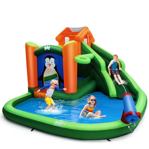 COSTWAY Hüpfburg mit Rutsche, Kletterwand, Planschbecken, Wasserkanone & Basketballring, Wasserpark zur Nass- & Trockenanwendung, inklusive Reparaturset, Tragetasche, 370 x 300 x 190 cm, Grün COSTWAY Hüpfburg mit Rutsche, Kletterwand, Planschbecken, Wasserkanone & Basketballring, Wasserpark zur Nass- & Trockenanwendung, inklusive Reparaturset, Tragetasche, 370 x 300 x 190 cm, Grün von COSTWAY