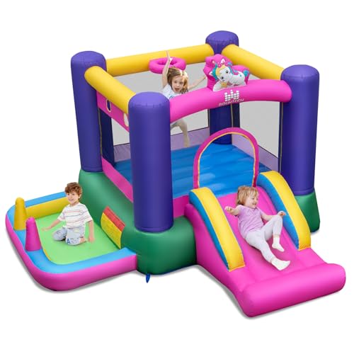 COSTWAY Hüpfburg mit Rutsche, Sprungbereich, Basketballkorb, Bällebad, Ringwurfspiel & Wurfspiel, für Indoor und Outdoor, inkl. Tragetasche, Reparaturset, 296 x 287 x 183 cm von COSTWAY