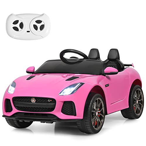 COSTWAY Jaguar Elektro Kinderauto mit Geschichten & Musik & Hupe & Scheinwerfer, 12V Kinderfahrzeug mit 2,4G Fernbedienung, Elektroauto 3-5km/h für Kinder ab 3 Jahre (Rosa) von COSTWAY