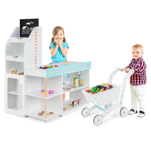 COSTWAY Kaufladen Kinder mit Einkaufswagen, Einkaufsladen Holz mit Kasse & 39 Zubehör & Tafel & LED-Lichter & Fernbedienung, Supermarkt Spielzeug für Kinder ab 3 Jahren von COSTWAY
