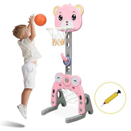 COSTWAY Kinder Basketballständer höhenverstellbar, 3 in 1 Kinder Spielplatz Basketballkorb & Fußballtor & Wurfspiel, Korbanlage für Innen- und Außenbereiche (Rosa) von COSTWAY