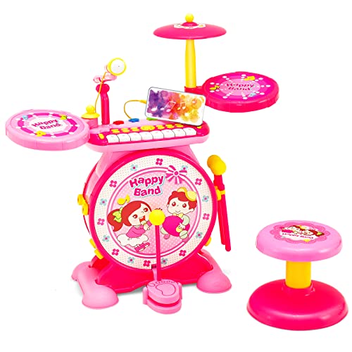 COSTWAY Kinder E-Trommel & Keyboard-Set, 2-in-1-Kinderschlagzeug mit 8-Tasten Keyboard, Hocker, Mikrofon, MP3, Aufnahme- & Abspielfunktion, LED-Leuchten, Kinder pädagogisches Musikinstrument (Rosa) von COSTWAY