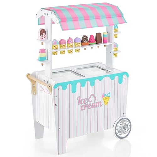 COSTWAY Kinder Eiswagen mit 12 Eiscreme, Kaufladen aus Holz mit 2 Rädern, Schiebegriff & Baldachin, Verkaufswagen mit Stauraum & Ablagefläche für Kinder ab 3 Jahre von COSTWAY