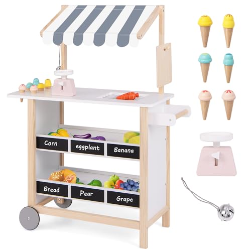 COSTWAY Kinder Eiswagen mit 6 Eiscreme, Kaufladen Holz mit 2 Ablagen, Einkaufswagen auf Rollen, inkl. Waage und Glocke, für Kinder ab 3 Jahren (Grau) von COSTWAY