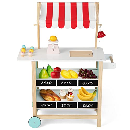 COSTWAY Kinder Eiswagen mit 6 Eiscreme, Kaufladen Holz mit 2 Ablagen, Einkaufswagen auf Rollen, inkl. Waage und Glocke, für Kinder ab 3 Jahrn (Rot) von COSTWAY