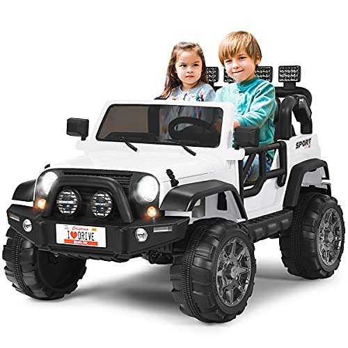 COSTWAY Kinder Elektroauto 2 Sitzer mit 2,4G-Fernbedienung, 3 Gang 12V Kinderauto mit MP3, Musik, Hupe und Scheinwerfer, Jeep Auto 2,5-4 km/h, für Kinder ab 3 Jahre (Weiß) von COSTWAY