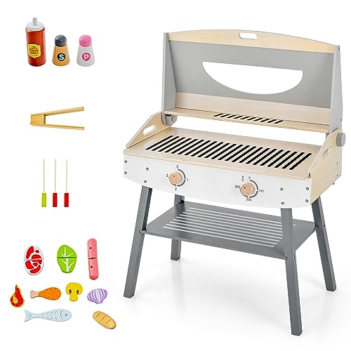 COSTWAY Kinder Grillspiel Set, Spielküche aus Holz mit Klammer & Zubehören, BBQ Spielset Spielzeug-Grill für Mädchen & Jungen ab 3 Jahren von COSTWAY