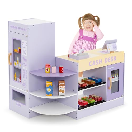 COSTWAY Kinder Kaufladen, Kaufmannsladen aus Holz mit Seitentheke, Supermarkt-Set mit Kasse, POS-Maschine, Verkaufsautomat & Kreidetafel, Einkaufsladen Verkaufsstand für Kinder von 3-8 Jahren (Lila) COSTWAY Kinder Kaufladen, Kaufmannsladen aus Holz mit Seitentheke, Supermarkt-Set mit Kasse, POS-Maschine, Verkaufsautomat & Kreidetafel, Einkaufsladen Verkaufsstand für Kinder von 3-8 Jahren (Lila) von COSTWAY
