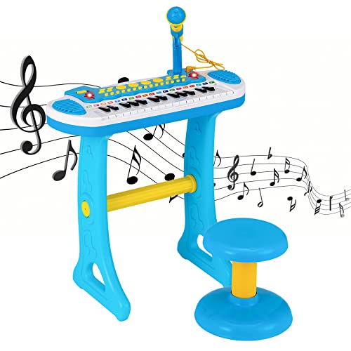 COSTWAY Kinder-Keyboard mit 31 Tasten, tragbares Musikinstrument mit Mehreren Sounds & Lichteffekten, verstellbarem Mikrofon & Hocker, niedliches Spielzeug-Klavier für Kinder ab 3 Jahren (Blau) von COSTWAY