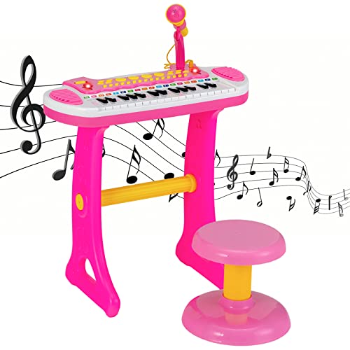 COSTWAY Kinder-Keyboard mit 31 Tasten, tragbares Musikinstrument mit Mehreren Sounds & Lichteffekten, verstellbarem Mikrofon & Hocker, niedliches Spielzeug-Klavier für Kinder ab 3 Jahren (Rosa) von COSTWAY