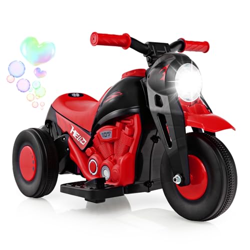 COSTWAY Kinder Motorrad, mit Seifenblasenmaschine, 6V Elektro Motorrad mit Musik und LED Scheinwerfer, Dreirad Kindermotorrad 2,5-3 km/h, für Kinder ab 3 Jahre (Rot) von COSTWAY