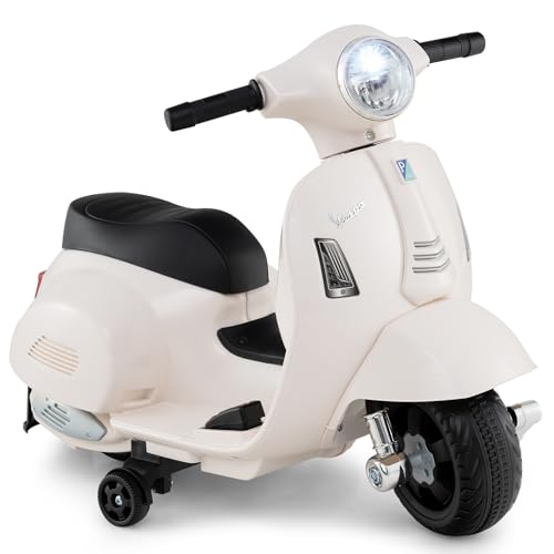 COSTWAY Kinder Motorrad Elektrisch, Vespa 6V Motorrad mit LED-Scheinwerfer & Hupe, 2-2,5 km/h Elektro Kindermotorrad mit Stützrädern, Elektrofahrzeug für Jungen & Mädchen von 18-36 Monaten (Weiß) von COSTWAY