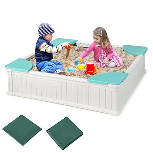 COSTWAY Kinder Sandkasten Holz, Sandbox 123,5x123,5x31,5cm mit 4 integrierten Sitzen, Sandkiste HDPE quadratisch für Garten, Rasen (Weiß) von COSTWAY