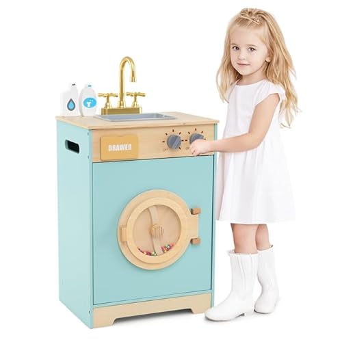 COSTWAY Kinder Waschmaschine Holz, Spielzeug-Waschmaschine mit Waschmittel & Handdesinfektionsmittel, Wäscherei-Küchenset mit Spüle, Schublade & Drehrad, Geschenk für Kinder ab 3 Jahren von COSTWAY