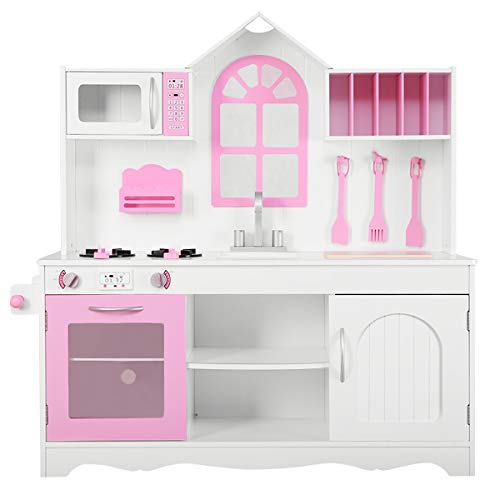 COSTWAY Kinderküche, Spielküche Holz mit Spüle Haken Ofen Mikrowelle, Puppenküche mit Zubehör, Spielzeugküche für Kinder ab 3 Jahren, Rosa und Weiß von COSTWAY
