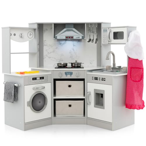 COSTWAY Kinderküche Holz, Spielküche mit Licht und Sound, Holzküche Eck mit Dunstabzugshaube, Wasserzirkulationssystem, Wasserspender & Waschmaschine, inkl. Zubehör, für Kinder ab 3 Jahren (Grau) COSTWAY Kinderküche Holz, Spielküche mit Licht und Sound, Holzküche Eck mit Dunstabzugshaube, Wasserzirkulationssystem, Wasserspender & Waschmaschine, inkl. Zubehör, für Kinder ab 3 Jahren (Grau) von COSTWAY