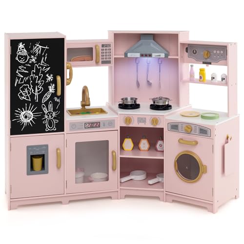 COSTWAY Kinderküche Holz, Spielküche mit Licht und Sound, Holzküche Eck mit Tafel, Mikrowell, Spüle, Ofen & Stauraum, inkl. Zubehör, Spielzeugküche für Kinder ab 3 Jahren (Rosa) von COSTWAY