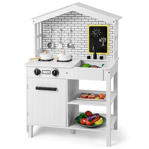 COSTWAY Kinderküche mit Spielzubehör, Spielküche Holz mit Tafel & Wasserhahn & Spül, Spielzeugküche Holzküche für Kinder ab 3 Jahren von COSTWAY