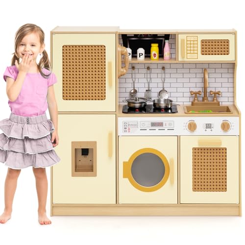 COSTWAY Kinderküche Spielküche, Holzküche Holz mit Rattantüren, Licht und Sound, Kühlschrank, Wasserspender, Waschmaschine & Kochzubehör, Spielzeugküche für Kinder ab 3 Jahre (Gelb) von COSTWAY