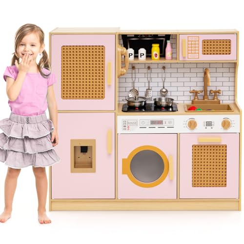COSTWAY Kinderküche Spielküche, Holzküche Holz mit Rattantüren, Licht und Sound, Kühlschrank, Wasserspender, Waschmaschine & Kochzubehör, Spielzeugküche für Kinder ab 3 Jahre (Rosa) von COSTWAY